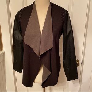STELLA & JAMIE JACKET CARDIGAN OPEN FRONT BLACK LEATHER SLEEVES Size S